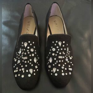 Unisa Black Crystal-Studded Loafers